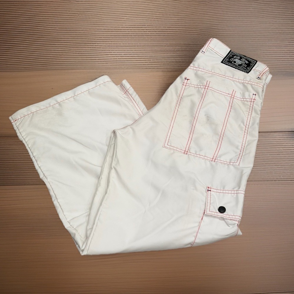 Kikwear Micro Suede Cargo Pants Sz 30 White Red Stitch Baggy Y2K Rave Skater